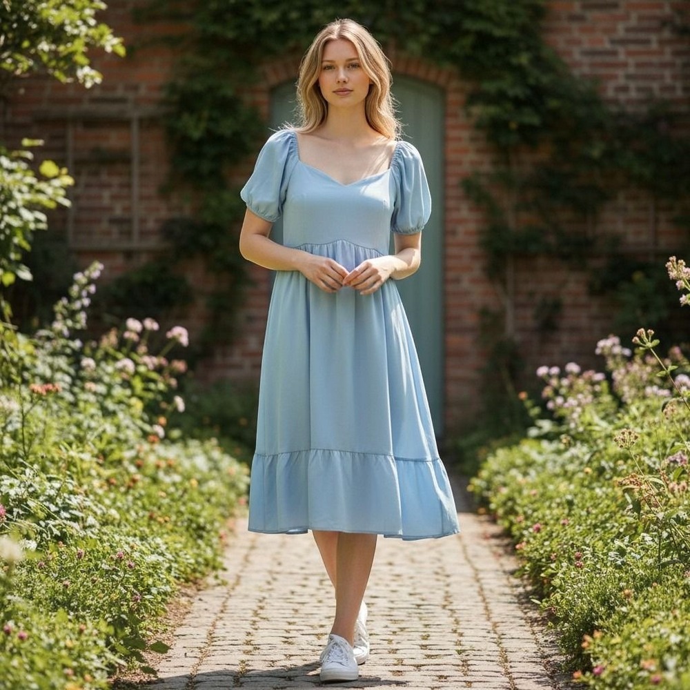 Belongsci Dress Womens Small Blue Milkmaid Puff Sleeve Smocked Cottagecore